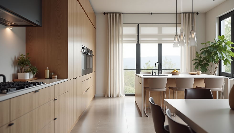 Minimalist kitchen with wood cabinets, island with stools, pendant lights, and large windows. Neutral tones, plant, and bowl of lemons.