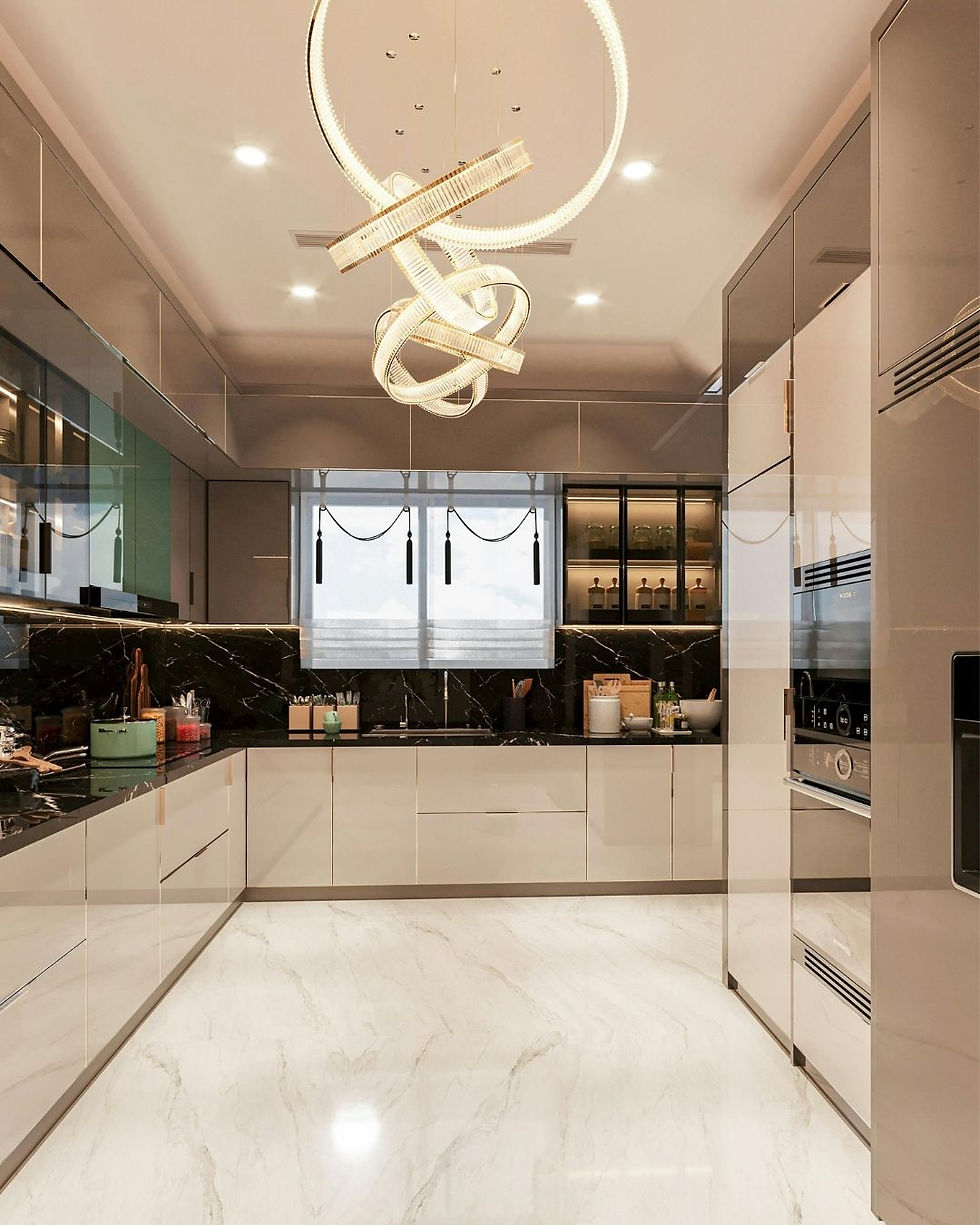 Modern kitchen with glossy cabinets, marble floor, and black countertops. Elegant pendant light and window with sheer curtains in background.