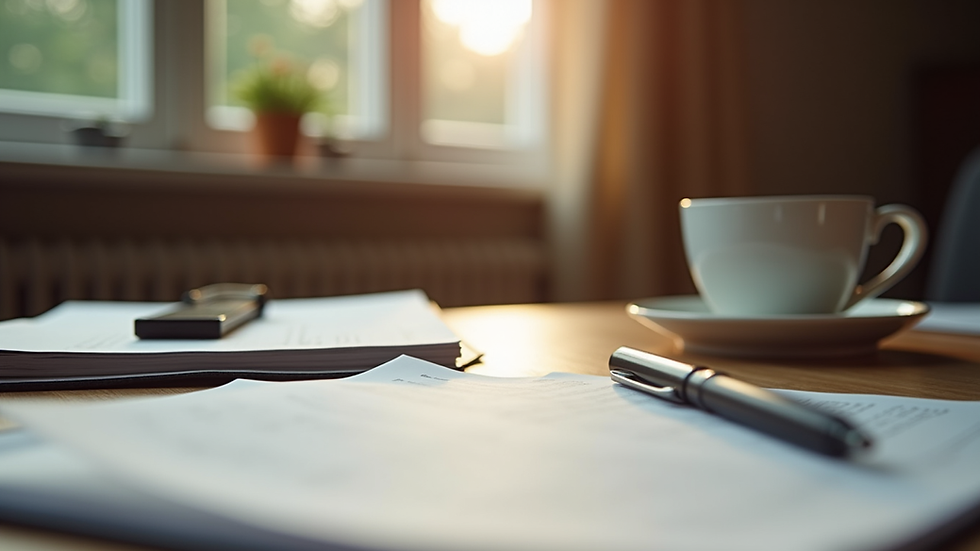Eye-level view of a cozy office desk with legal documents and a cup of coffee