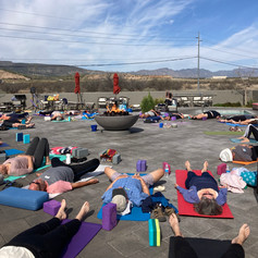 Yoga class by the pool.
