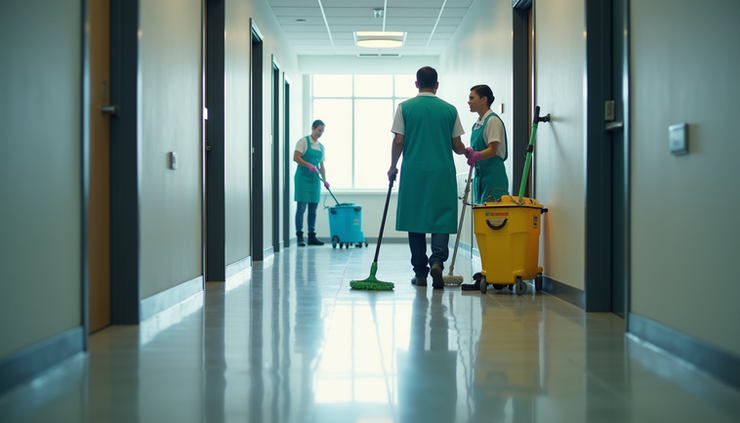High angle view of janitorial staff using eco-friendly cleaning equipment in a commercial office hallway