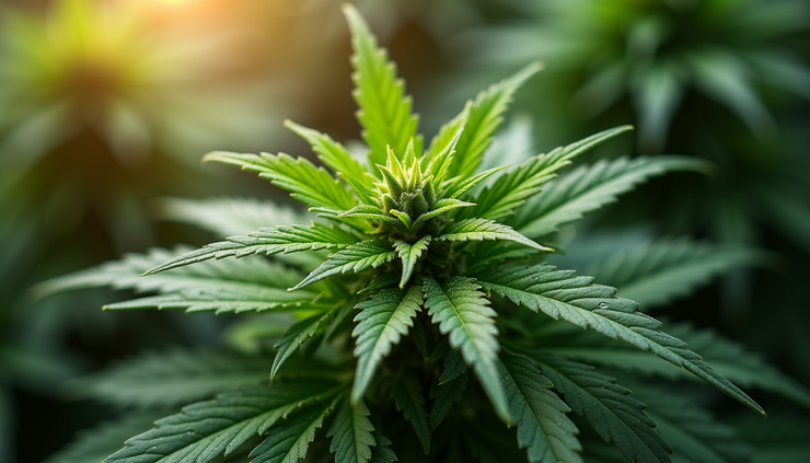Close-up view of fresh cannabis leaves with visible trichomes