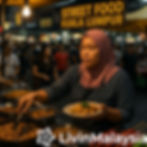 Woman in a pink hijab serves food at a bustling street food market in Kuala Lumpur. A "Street Food Kuala Lumpur" sign hangs above.