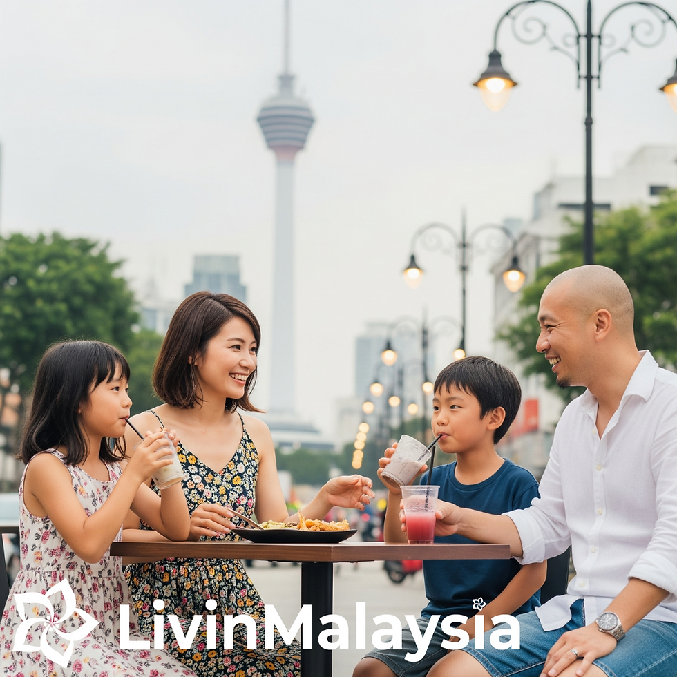 A family enjoys a meal outdoors in Kuala Lumpur, with the iconic tower in the background, capturing a moment of togetherness in the bustling city.