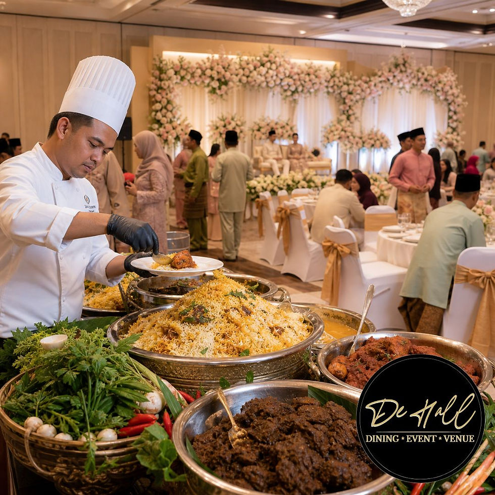 A chef in white serves biryani at a lavish wedding with floral decor. Guests in traditional attire socialize. Logo: De Hall Dining Event Venue.