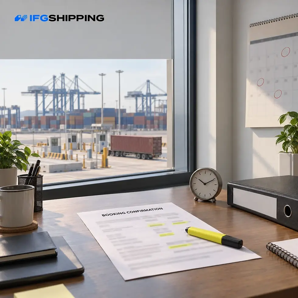 Booking confirmation in shipping: a printed confirmation, wall calendar and desk clock by a window over a container terminal