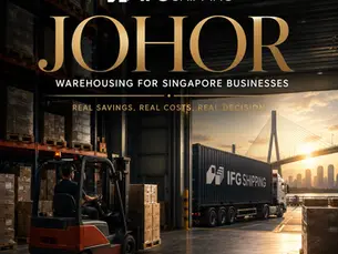 Warehousing for Singapore businesses in Johor: IFG Shipping truck and forklift at a warehouse dock at sunset