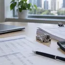 Manufacturing cost statement Singapore: printed cost worksheet, supplier invoices, a machined part and a calculator on an office desk