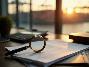 A brass magnifying glass resting on printed customs paperwork on a dark wooden desk, with a container terminal at sunset visible through the office window behind.