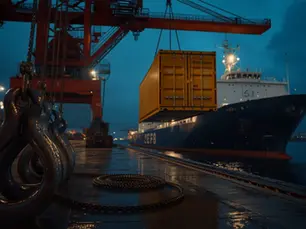 Shipping container lifted by a crane at night in a port, for offshore MOB and DEMOB project freight