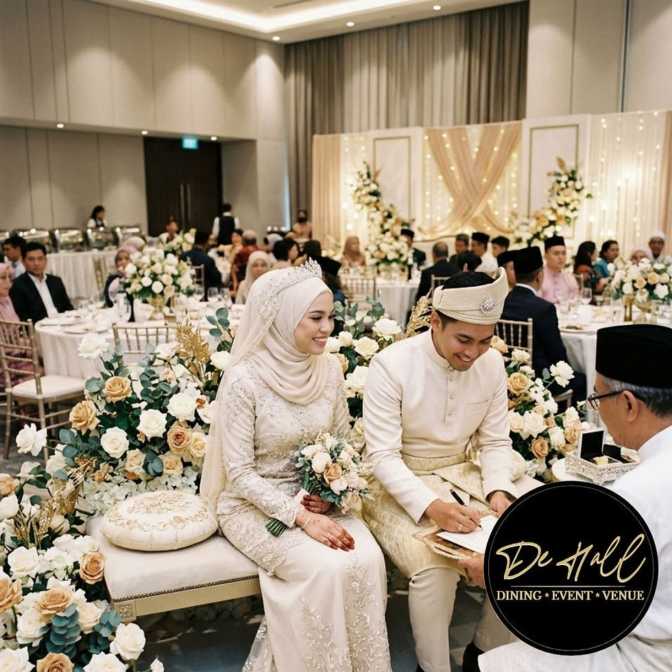 A couple in traditional attire signs documents at a floral-adorned wedding ceremony. Guests are seated in the background. Logo: "De Hall".