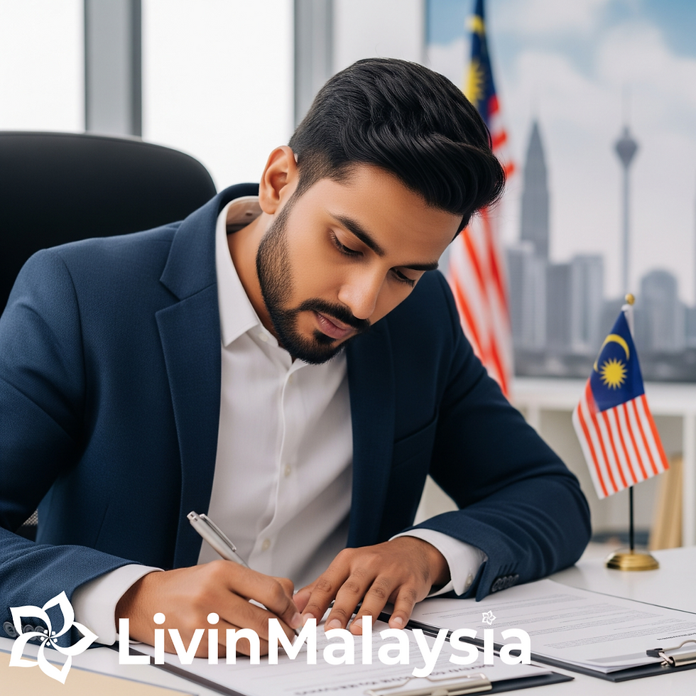 Businessman in a blue suit writing at a desk with Malaysian flags. Modern office setting with cityscape view. Text: LivinMalaysia.