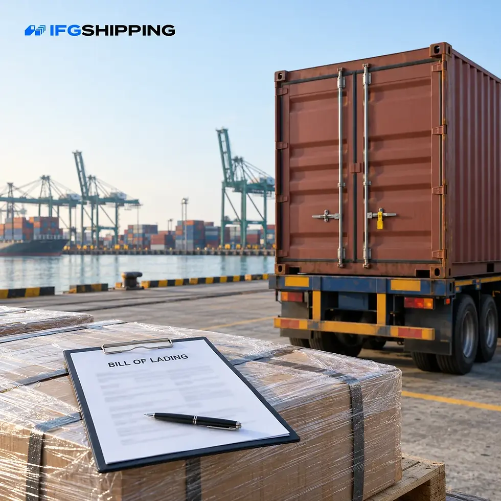 Clean bill of lading: a printed bill of lading on a clipboard by a sealed container door at a container terminal