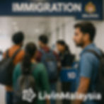 People with backpacks queue at Malaysian immigration. A sign reads "IMMIGRATION MALAYSIA." A logo and "LivinMalaysia" text are seen.