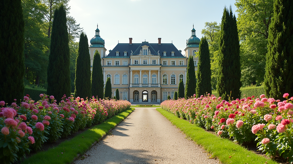 High angle view of Nymphenburg Palace gardens with blooming flowers