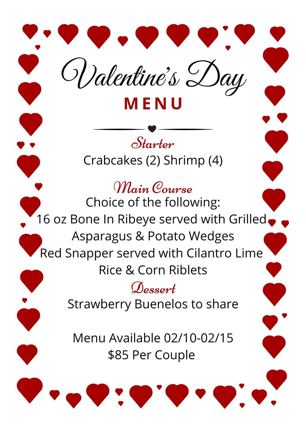 Valentine's Day 2025 Menu at Provecho y Salud