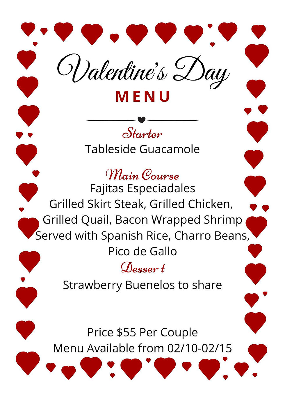 Valentine's Day 2025 Menu at Provecho y Salud
