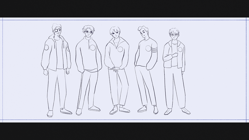 Sketch of the group of characters that appear in the Ad.