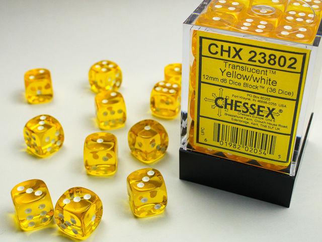 Chessex Translucent Yellow and White 12mm D6 Dice Block (36 dice)