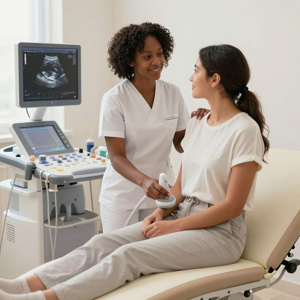 Sonographer performs ultrasound on patient.