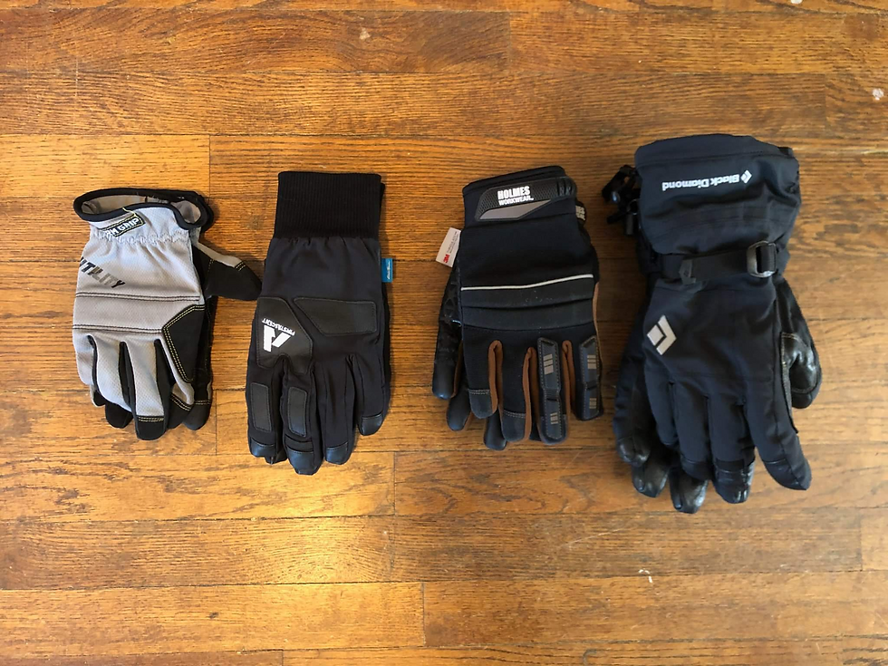 An assortment of gloves for ice climbing