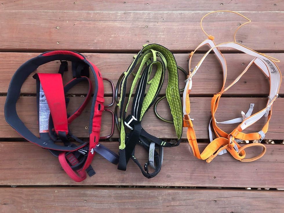 Different types of climbing harnesses