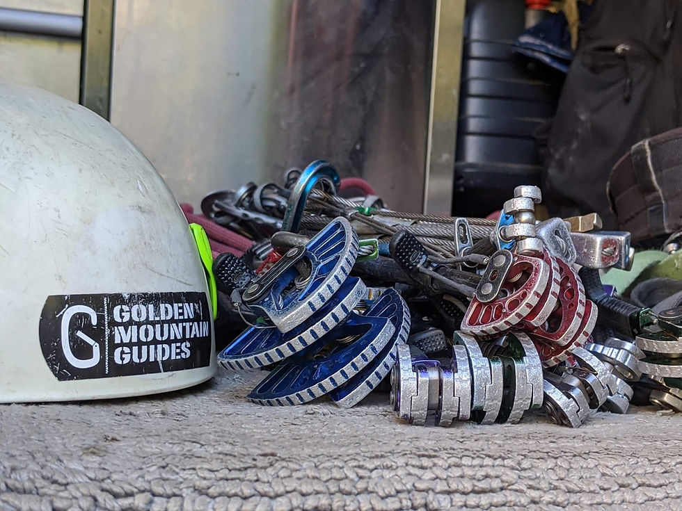 trad rack and climbing helmet