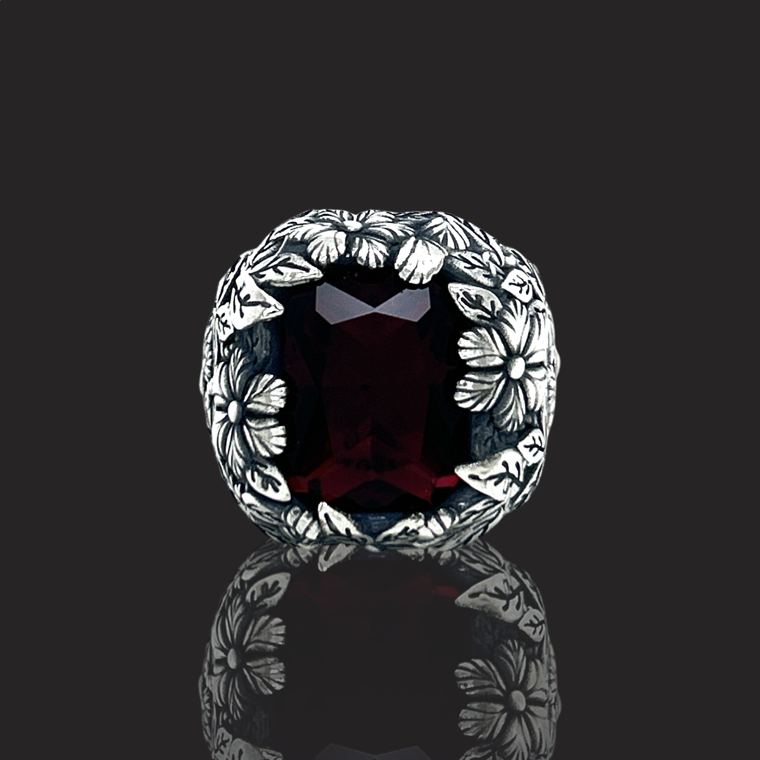Large Floral Ring with Blood Red Faceted Stone