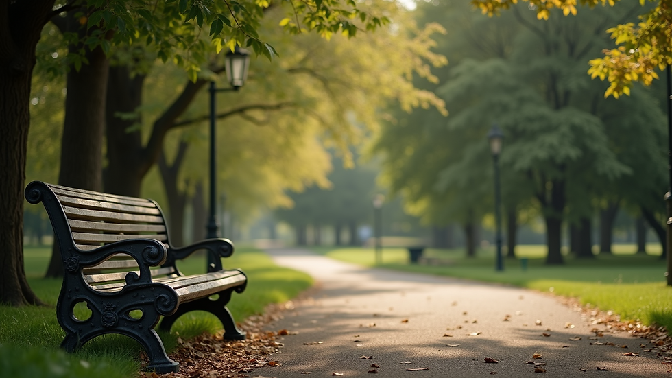 High angle view of a serene park bench surrounded by trees and a quiet pathway