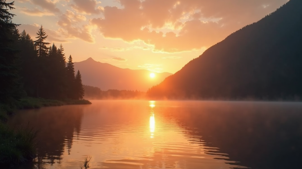 Eye-level view of a tranquil sunset behind a serene lake