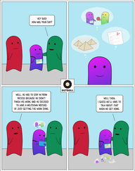 A 4 panel cartoon by Autball.
1: A red adult (teacher) stands looking at an ND child (magenta/purple gradient) and a green adult (parent and child). The child is wearing an AAC device with a black strap and light blue cover. Green adult looks at the child and says, “Hey bud! How was your day?”
2: Close up of smiling ND child and three thought bubbles as they think about their day. One bubble contains three pyramids, one contains this child sharing a red ball with another ND child, and one contains a graded test with a red “A+” at the top.
3: Back to original scene. The child has a thought bubble above his head depicting him sharing a red ball with another ND child. He looks happy and is typing something on his AAC device, presumably about what’s in his thought bubble. Red adult says, “Well, he had to stay in from recess because he didn’t finish his work, and he decided to have a meltdown instead of just getting the work done.”
4: Same scene. The green adult looks at the child and says, “Well then, I guess we’ll have to talk about THAT when we get home.” The child looks sad and defeated, with his thought bubble lying broken at his feet, and his AAC device hanging forgotten around his neck with the words “I made a new friend” on the screen.