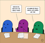 A close-up of three figures (blue, purple, and green) sitting at a round table. Blue has an uneasy look on their face. Purple is holding up their hands, with a half smile and raised eyebrows, and says, “Whoa-ho-ho, easy with the labels there!” Green has a neutral look on their face and says, “We wanna be really careful with words like that.”