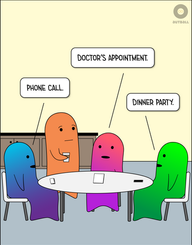 Three ND characters (Blue/Purple, Pink/Magenta, Light Green/Green) sit around a table. An Orange figure stands close to them. There are note cards, papers, and a cell phone sitting on the table. Blue/Purple says, “Phone call.” Pink/Magenta says, “Doctor’s appointment.” Light Green/Green says, “Dinner party.”