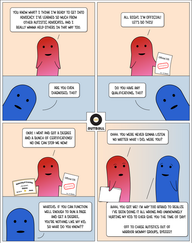 A 4 panel cartoon by Autball.

1: Top panel: An ND figure (red/pink gradient) is smiling and says, “You know what? I think I’m ready to get into advocacy. I’ve learned so much from other Autistic advocates, and I really wanna help others in that way too.”
Bottom panel: A blue figure pops up from the left and says, “Are you even diagnosed, tho?”

2: Top panel: Red/pink is smiling and holding a piece of paper that reads, “Official DX: Autistic. Signed, Dr. Professional.” They say, “All right, I’m official! Let’s do this!”
Bottom panel: Blue pops up from the right and says, “Do you have any qualifications, tho?”

3: Top panel: Red/pink is smiling and now holding a diploma in addition to their official DX. They say, “Okay, I went and got a degree and bunch of certifications! No one can stop me now!”
Bottom panel: Blue pops up and says, “Whatevs. If you can function well enough to run a page and get a degree, you’re nothing like my kid, so what do you know??”

4: Red/pink, holding two pieces of paper, now stands looking at Blue. With eyebrows raised and a look of realization, Red/pink says, “Ohhh. You were never gonna listen no matter what I did, were you?” Blue is smiling with eyebrows raised and replies, “Ahhh, you got me! I’m WAY too afraid to realize I’ve been doing it all wrong and unknowingly hurting my kid to ever give you the time of day! Off to chase Autistics our of Warrior Mommy groups, BYEEEE!!”