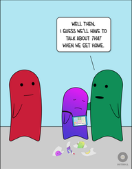 A red adult (teacher) stands looking at an ND child (magenta/purple gradient) and a green adult (parent and child). The child is wearing an AAC device with a black strap and light blue cover. The green adult looks at the child and says, “Well then, I guess we’ll have to talk about THAT when we get home.” The child looks sad and defeated, with a thought bubble of a happy memory lying broken at his feet, and his AAC device hanging forgotten around his neck with the words “I made a new friend” on the screen.