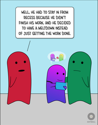 A red adult (teacher) stands with an ND child (magenta/purple gradient) and a green adult (parent and child). The child has a thought bubble above his head depicting him sharing a red ball with another ND child. He looks happy and is typing something on his AAC device (which has a black strap and a blue cover), presumably about what’s in his thought bubble. Red adult says, “Well, he had to stay in from recess because he didn’t finish his work, and he decided to have a meltdown instead of just getting the work done.”