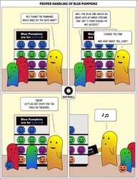 A 4 panel cartoon by Autball entitled “Proper Handling of Blue Pumpkins.”
1: A yellow/dark yellow ND adult, a red child, and a slightly smaller green/blue autistic child stand in front of a Halloween Pumpkin display, looking happy. The display contains blue, green, purple, and orange pumpkins, with a sign at the top that reads, “Blue Pumpkins are for Autism!” The ND adult says, “Hey, found the pumpkins! Which ones do you guys want?”
2: Same scene. Red child says, “Well the blue one would go great with my Mario costume. Can I get it even though I’m not autistic?” ND adult replies, “‘Course you can! And what about you love?”
3: Same scene. Green/blue autistic child is happily choosing an orange pumpkin. ND adult says, “Great! Let’s go get stuff for the trick or treaters!”
4: The children are now walking away holding their pumpkins of choice, looking happy. The sign that read “Blue Pumpkins are for Autism!” is no longer on the display. ND adult is whistling, eyebrows raised, while surreptitiously placing said sign behind the display it once sat atop.