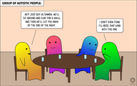 A white box at the top left reads. “Group of Autistic People.” Four ND adults (yellow/orange gradient, pink/magenta gradient, light blue/blue gradient, and light green/green gradient) sit around a large brown table. Each of them has a glass of water in front of them, and all are smiling. Yellow/orange says to Pink/magenta, “Hey! Just buy us dinner, we’ll sit around and chat for a while, and then we’ll let you know by the end of the night.” Off to the right, Light green/green whispers to Light blue/blue, “I don’t even think I’ll need THAT long with this one.”
