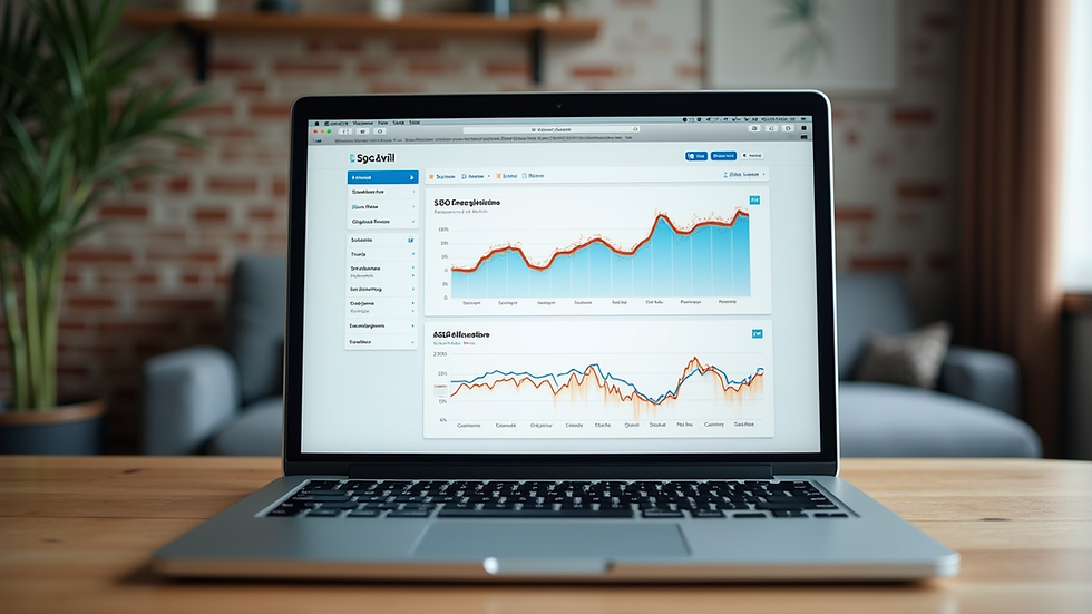 Eye-level view of a laptop displaying a blog with SEO analytics