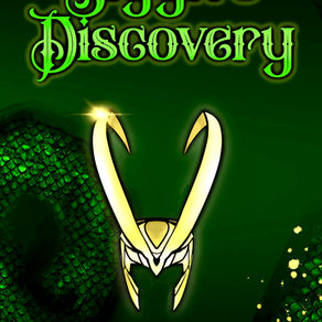 An illustration of Loki's golden horns on a green background with vague snake scales and text, Sigyn's Discovery, with the author's name Jo Morgan Sloan at the bottom.
