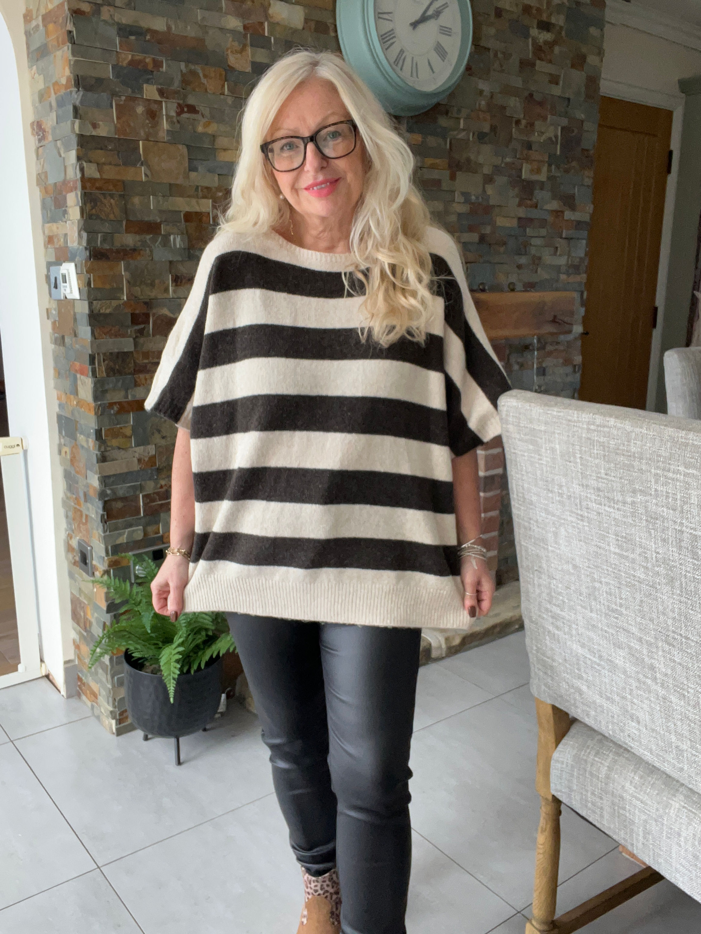 The Salina Striped Cropped Sleeve Jumper - Stone/Choco - 10 to 16/18