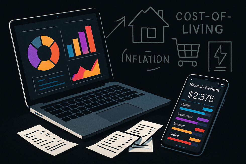 Laptop with colorful charts, phone showing monthly spend of $2,375, receipts, and cost-of-living doodles on black background.