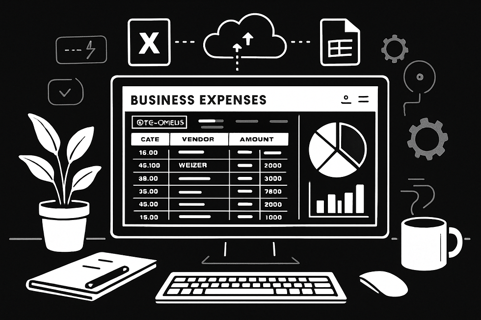 A desk with a computer screen showing a "Business Expenses" chart, plant, notebook, cup, keyboard, mouse, and icons against a dark background.