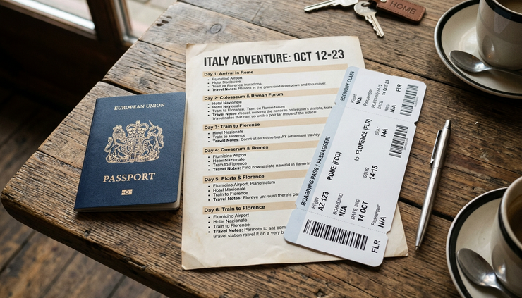 Overhead view of printed travel documents with a passport and holiday itinerary on a table