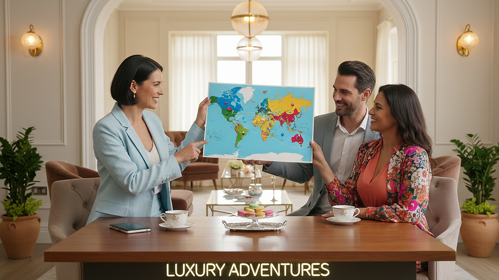 Eye-level view of a travel advisor showing a map to a couple