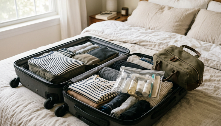 Close-up view of an open suitcase being packed beside a small cabin bag