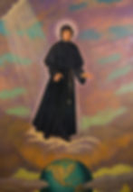 A figure in black religious attire stands above a globe, surrounded by pastel clouds and rays of light, creating a serene and spiritual mood.