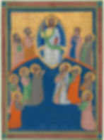 Medieval image depicts a central figure on a throne with a halo, surrounded by twelve haloed figures in prayer. Rich gold, blue, and red tones.