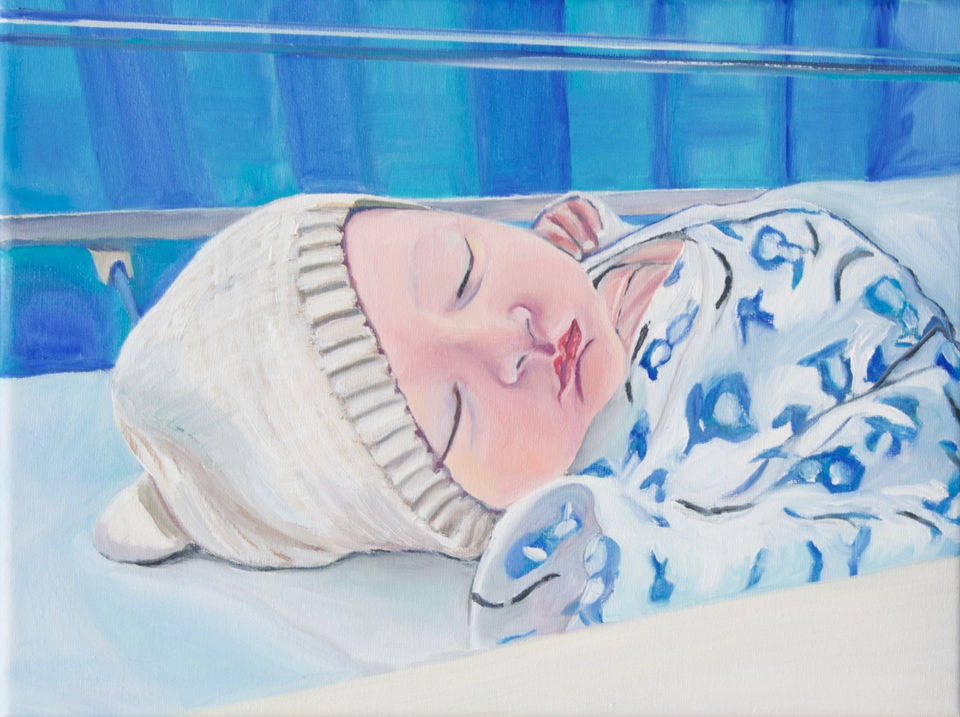 Newborn portrait. Postnatal ward, perspex basinette, vest and hat, hands lost in sleeves