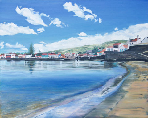 Reflections, clouds, jumbled buildings, peaceful waters